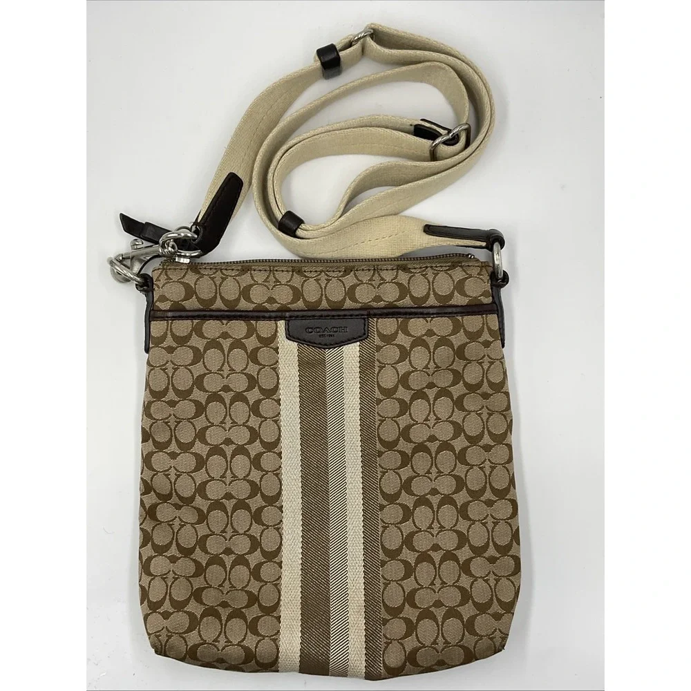 Coach Signature Stripe Swingpack Crossbody Bag Brown Beige Messenger Purse